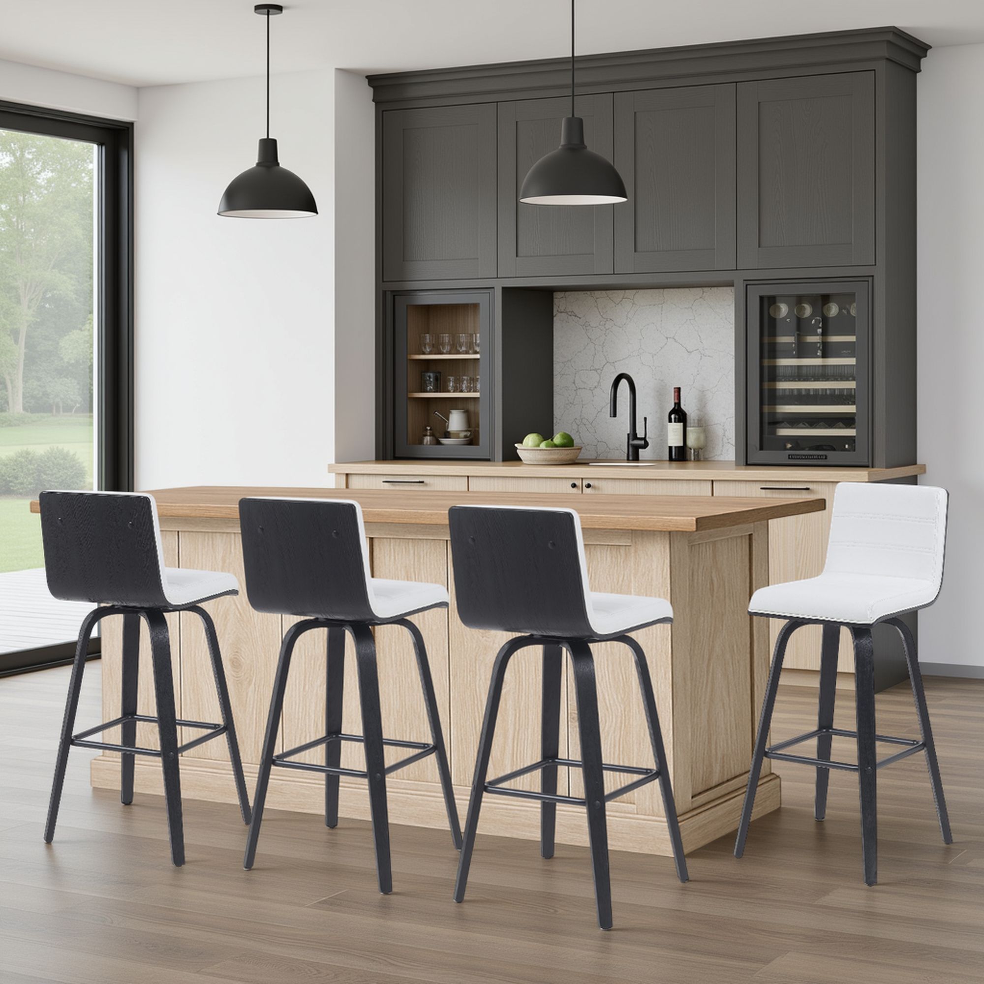 Vienna - Modern Swivel Bar Height Stool - Black Brushed Wood Frame
