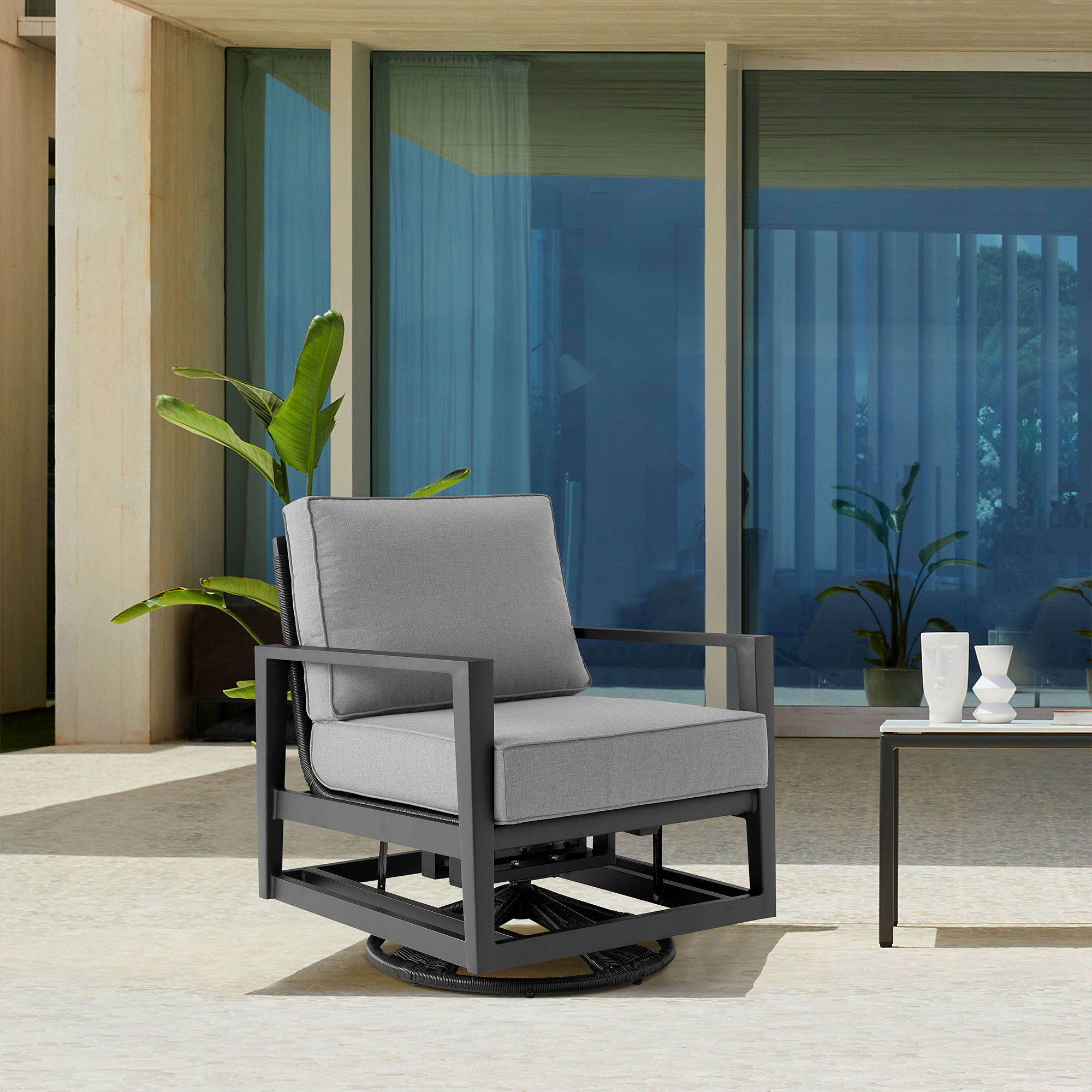 Grand - Aluminum Outdoor Swivel Glider Chair With Cushions - Black / Dark Gray