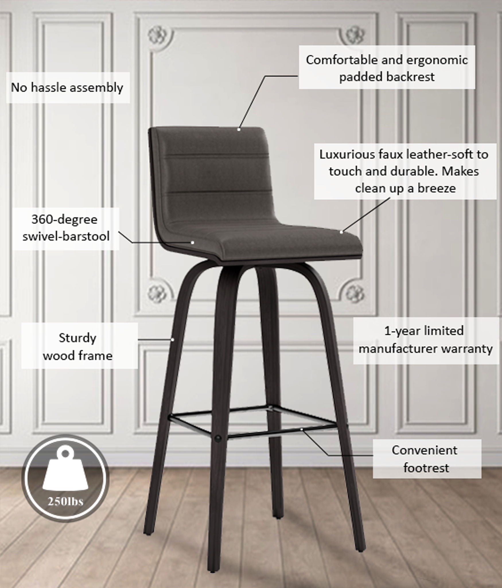 Vienna - 30" Swivel Bar Stool - Black Wood