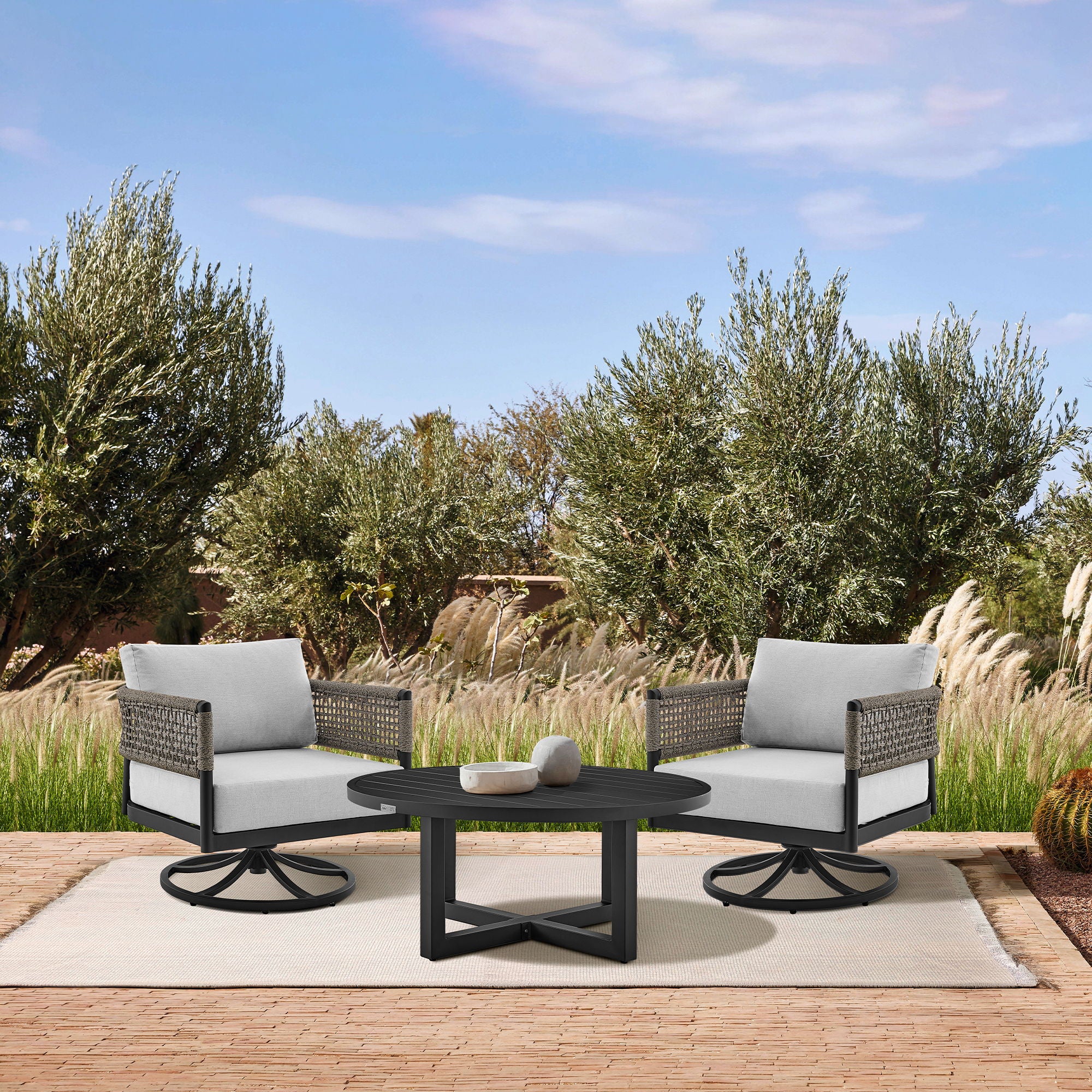Felicia - And Argiope 3 Piece Patio Outdoor Swivel Seating Set - Black Aluminum With Gray Rope And Cushions