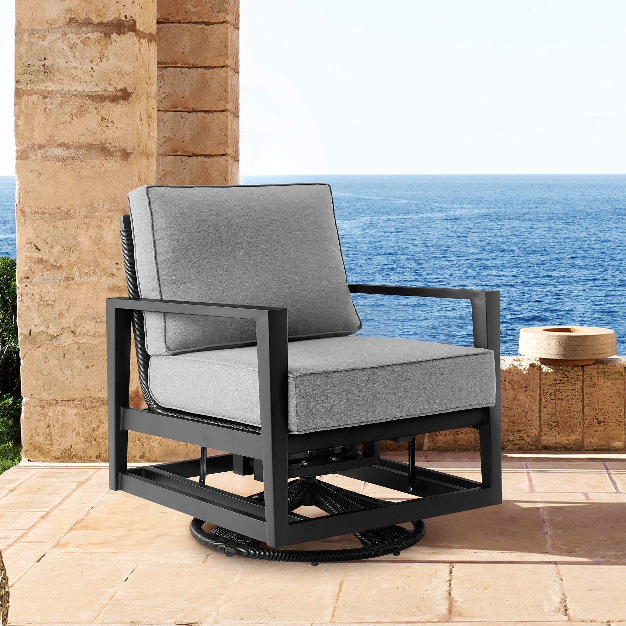 Cayman - Black Aluminum Outdoor Swivel Glider Chair With Cushion - Black / Dark Gray