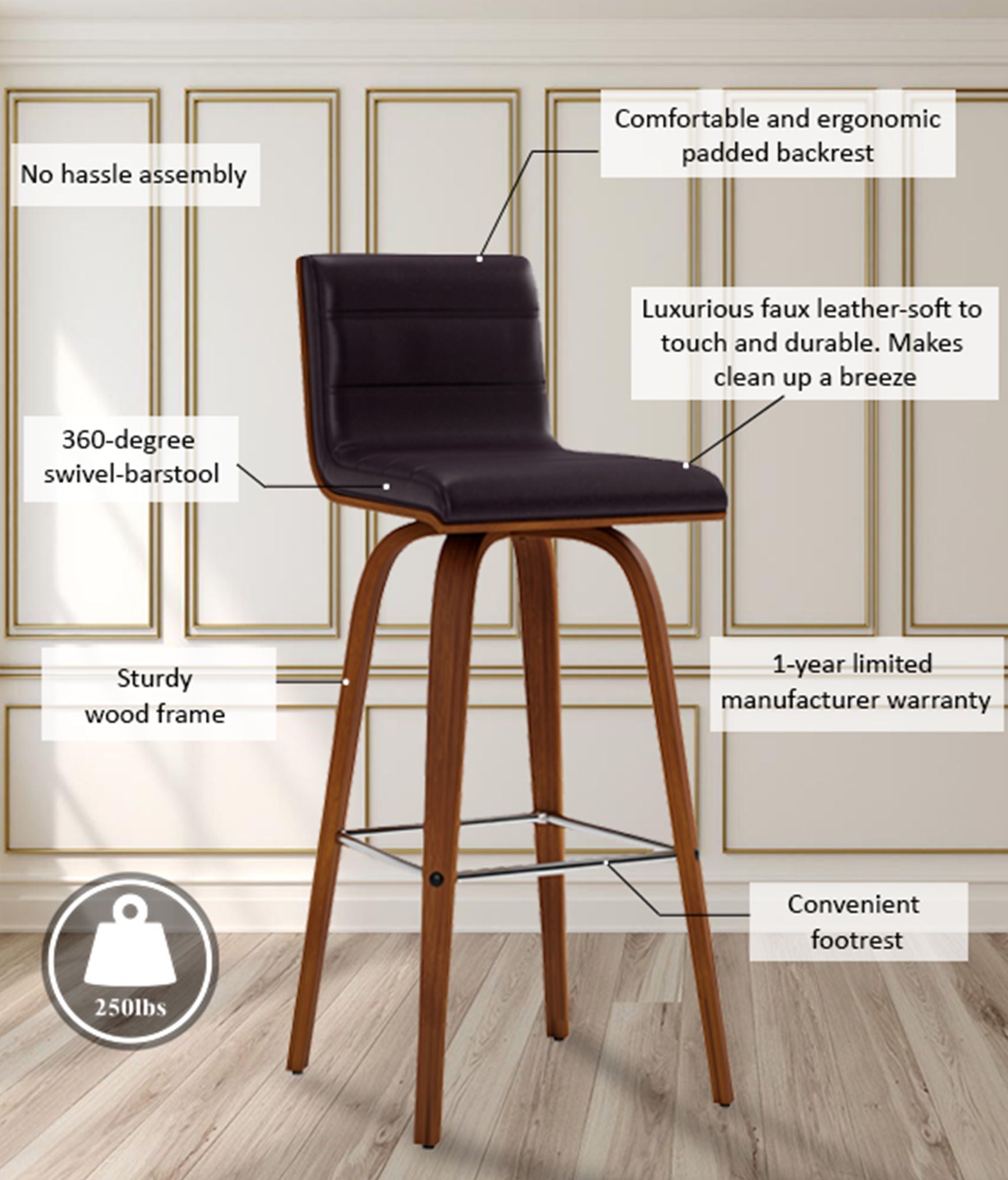 Vienna - 30" Swivel Bar Stool - Walnut Wood