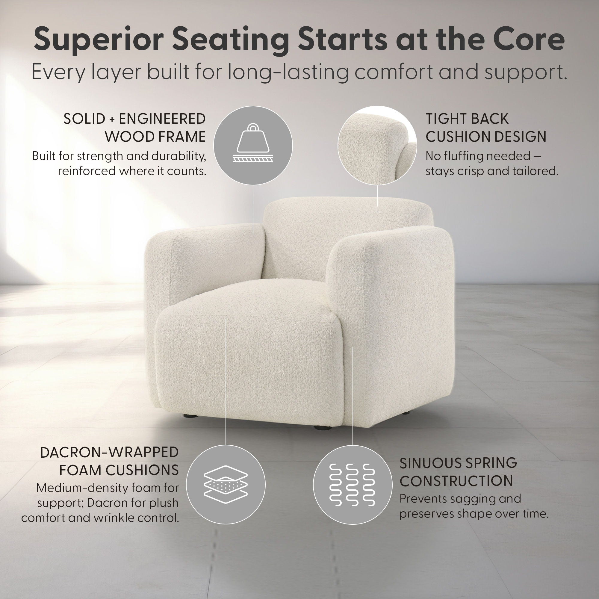 Sierra - Boucle Fabric Accent Chair With Rounded Arms - Ivory