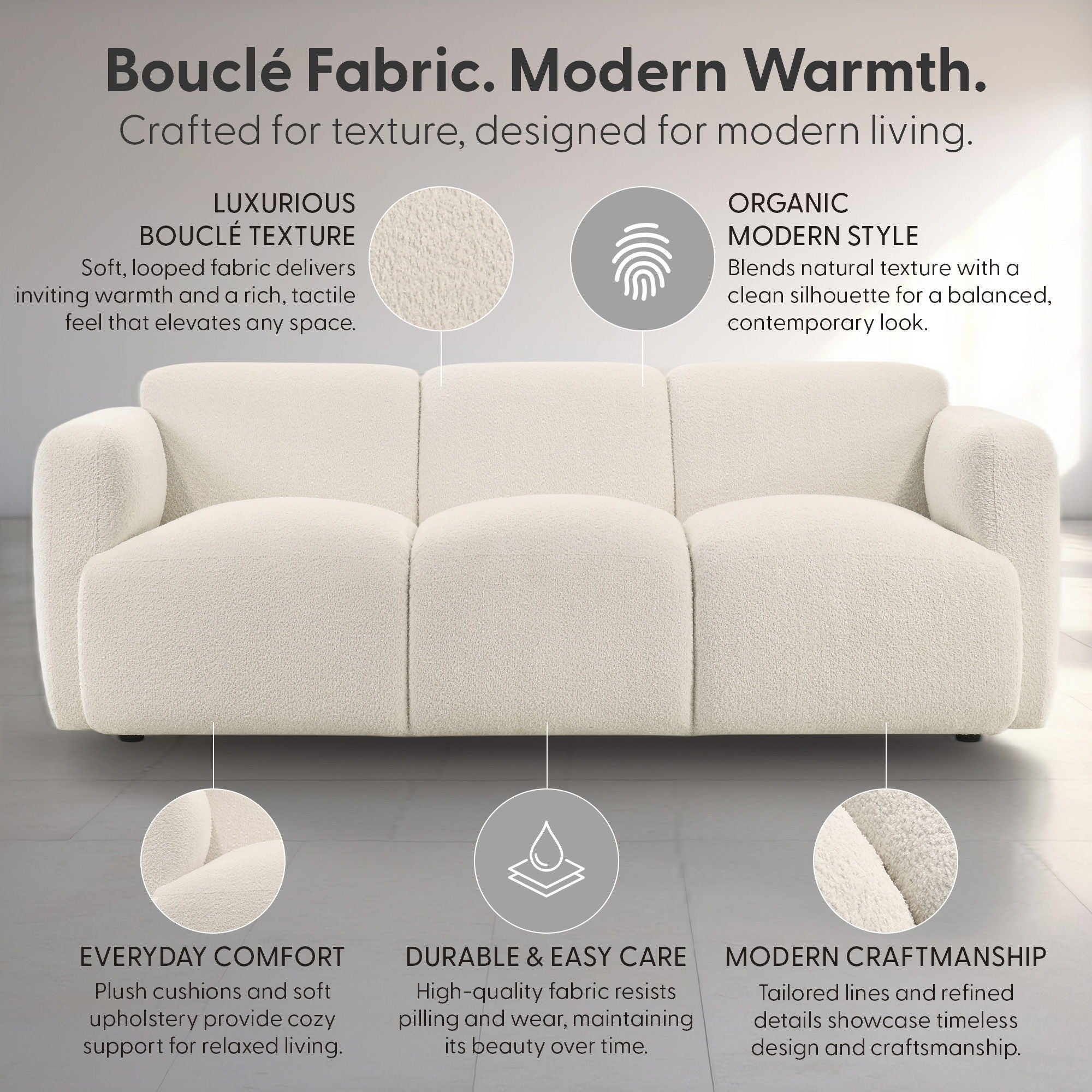 Sierra - Boucle Fabric Sofa With Rounded Arms - Ivory