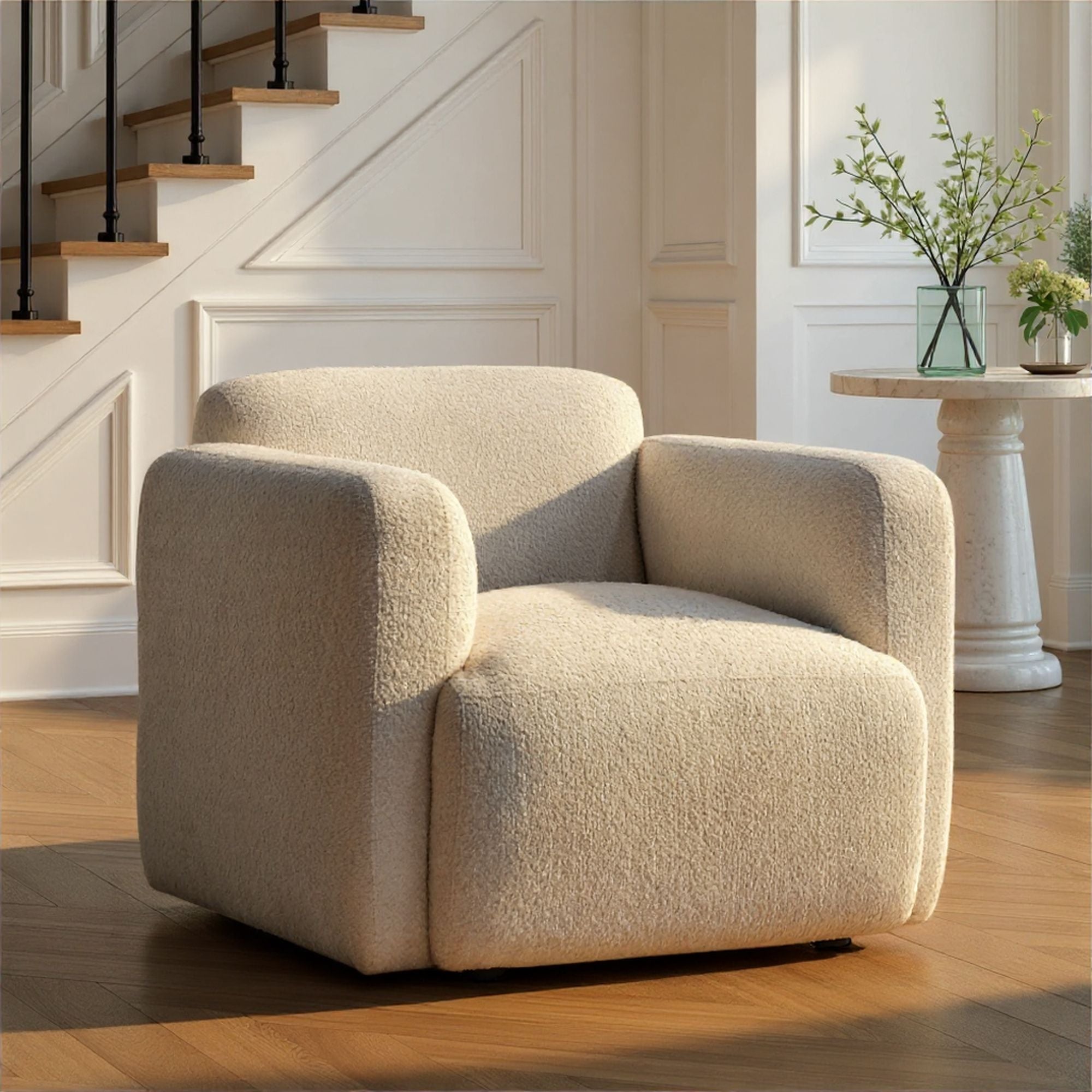 Sierra - Boucle Fabric Accent Chair With Rounded Arms - Ivory