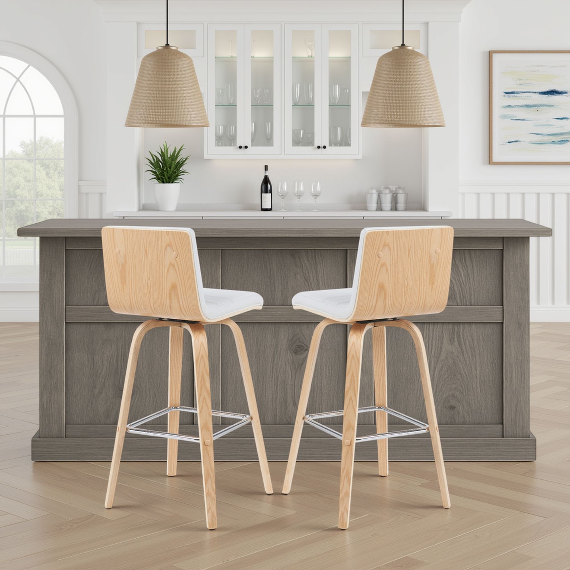 Vienna - Modern Swivel Bar Height Stool - Patterned Oak Wood Frame