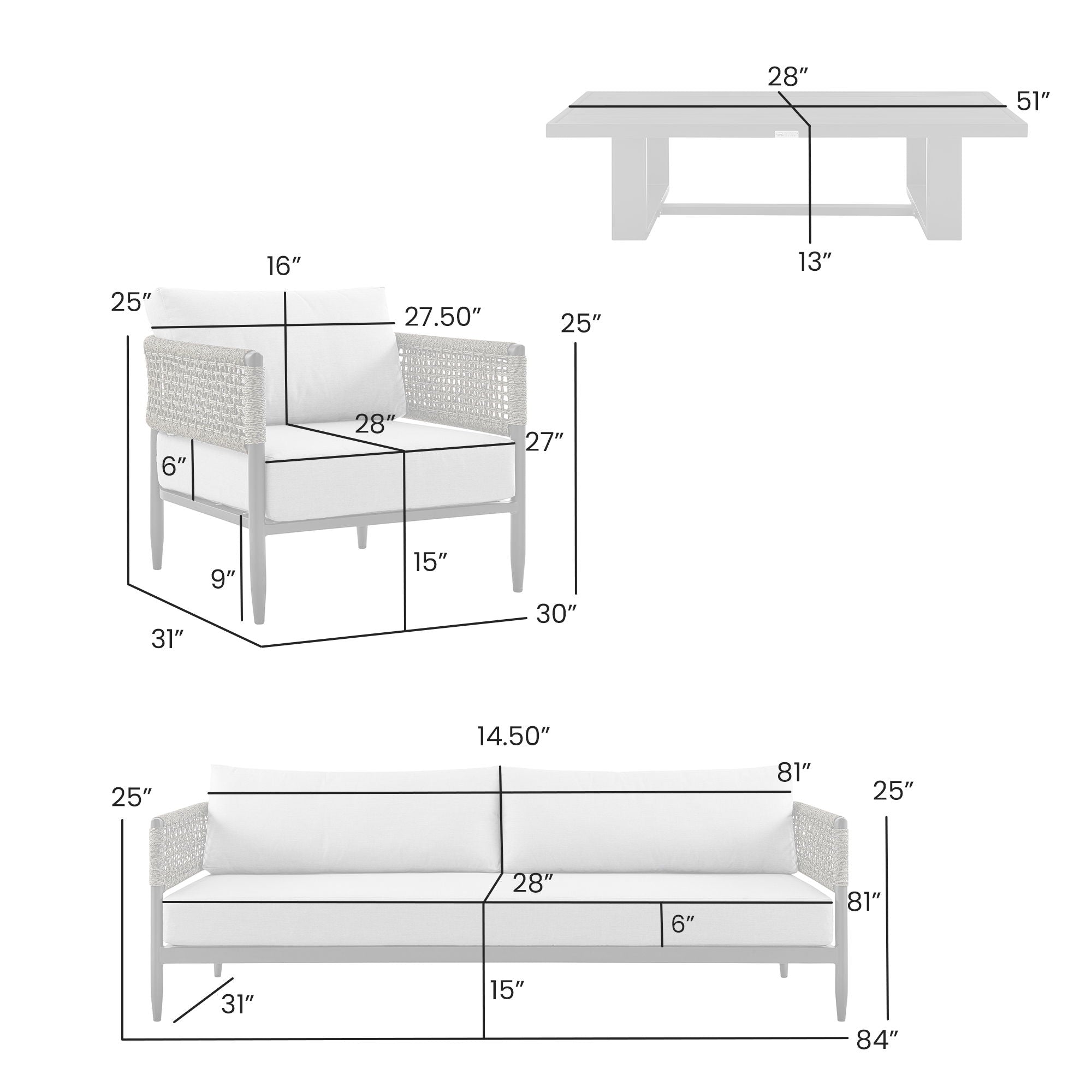 Alegria - 4 Piece Outdoor Black Aluminum & Rope Conversation Set With Cushions - Light Gray