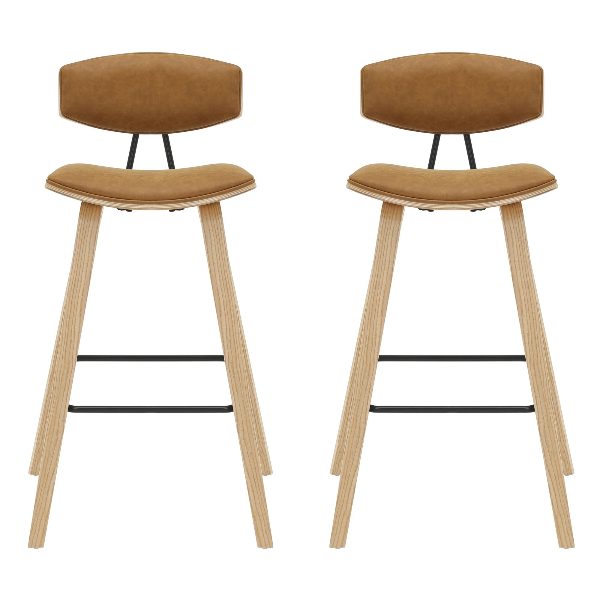 Fox - Bar Height Curved Back Wood Bar Stool With Faux Leather Seat