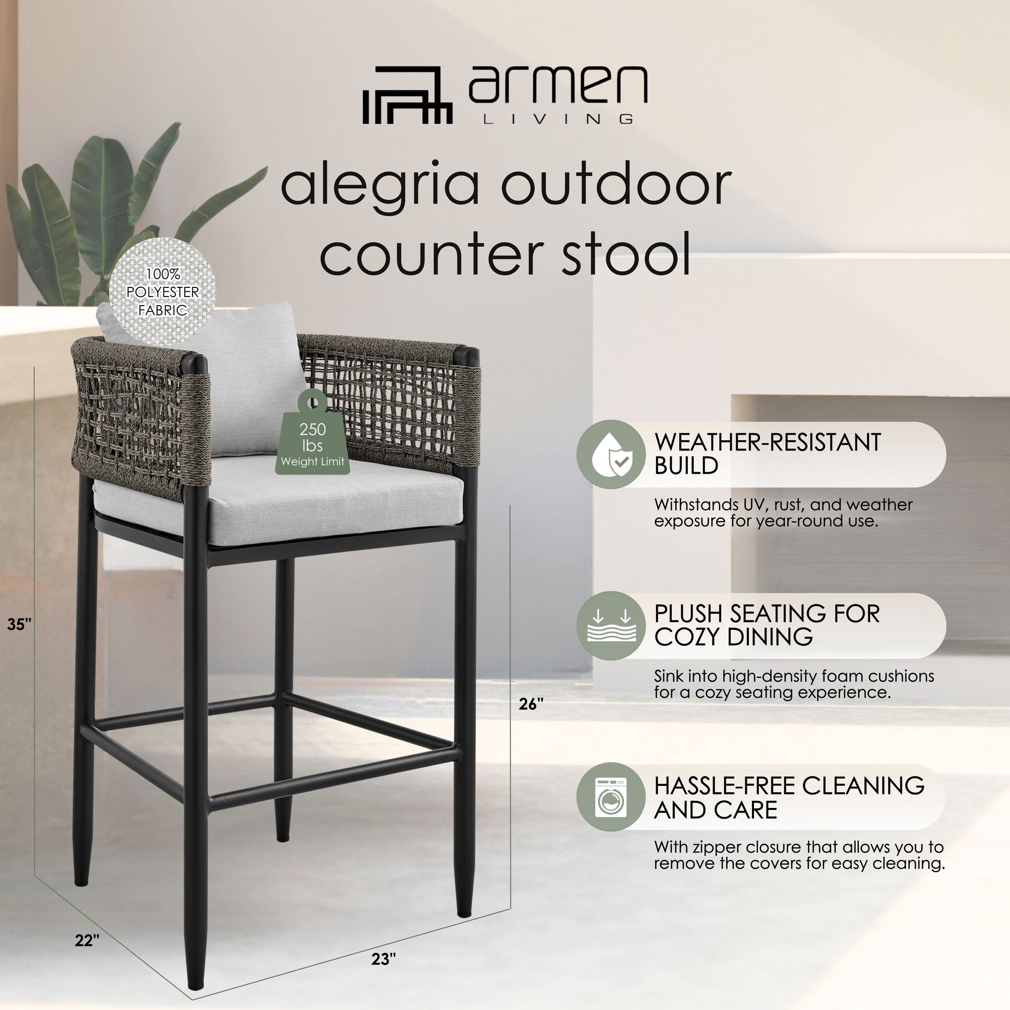 Alegria - Outdoor Patio Counter Height Bar Stool Set of 2