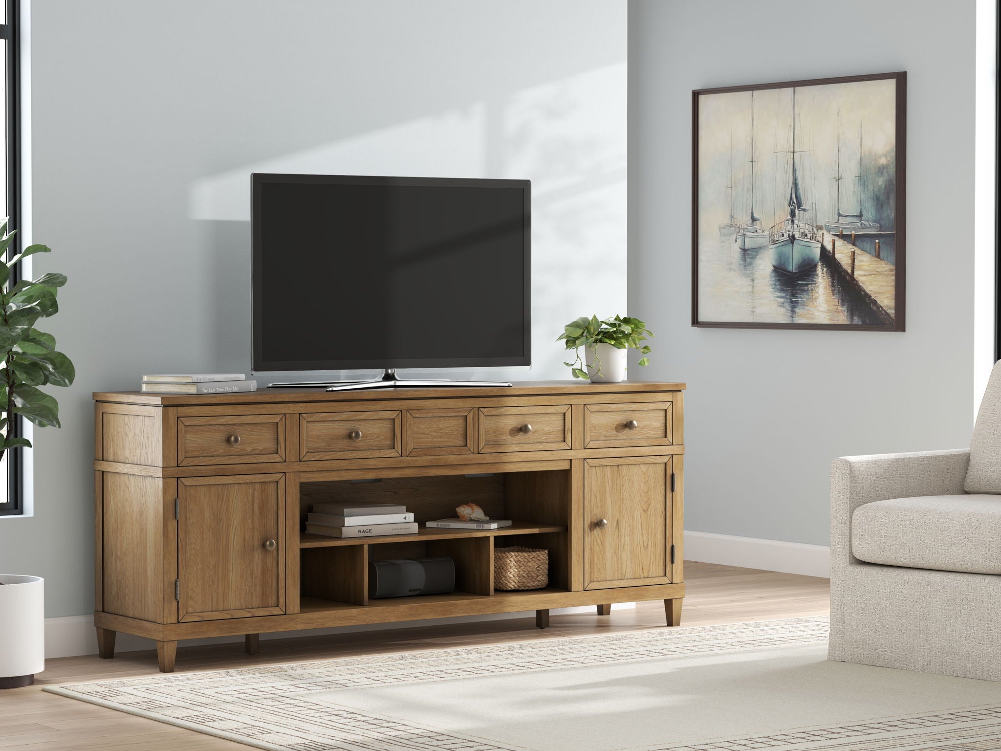Sharlance - XL TV Stand With Fireplace Option - Light Brown