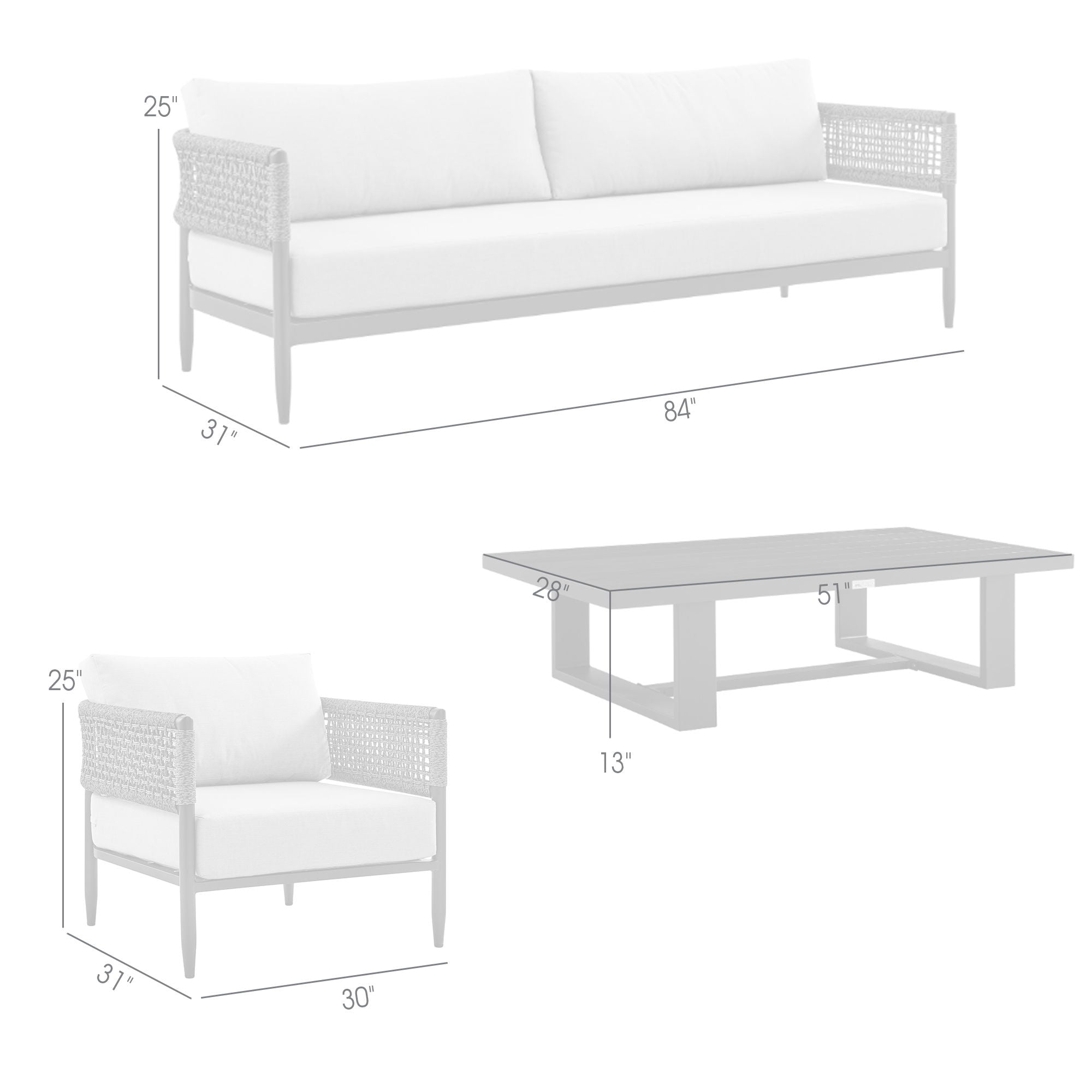 Felicia - 4 Piece Outdoor Aluminum & Rope Conversation Set With Fabric Cushions - Light Gray / Black