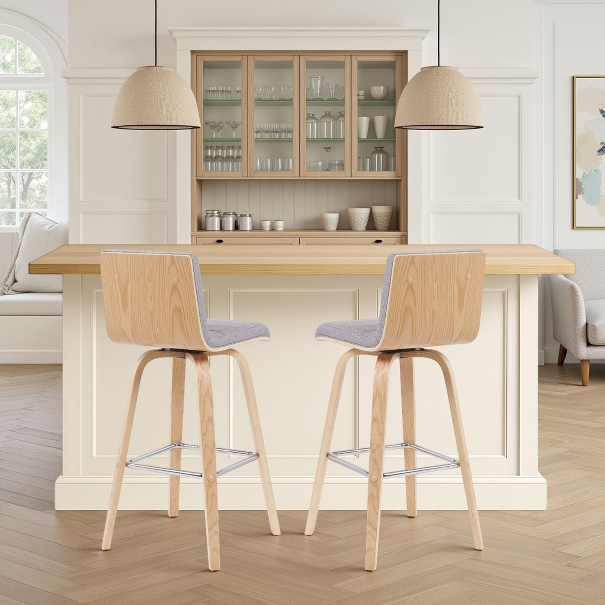 Vienna - Modern Swivel Bar Height Stool - Patterned Oak Wood Frame