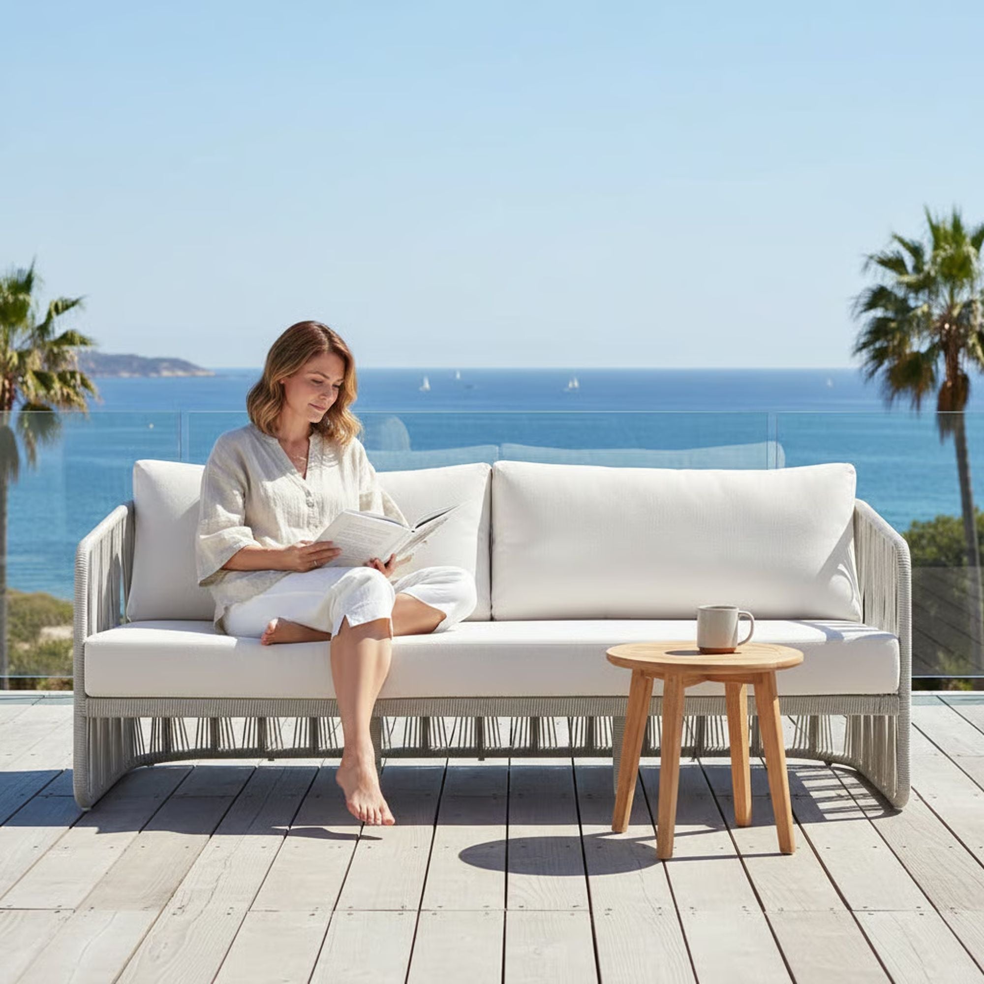 Breeze - Metal Outdoor Sofa With Cushions - Pearl / Cream