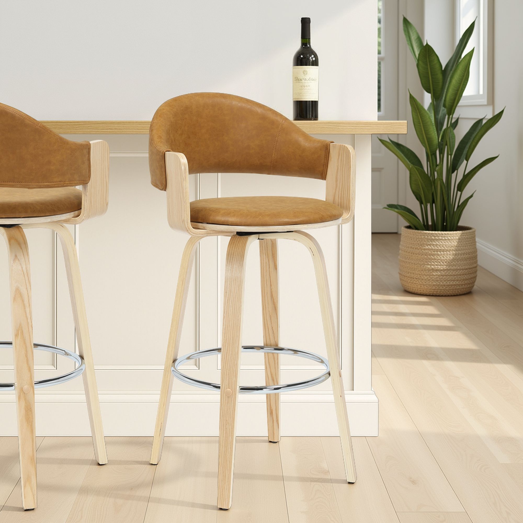 Daxton - Swivel Bar Height Round Back Wood Bar Stool With Faux Leather Seat