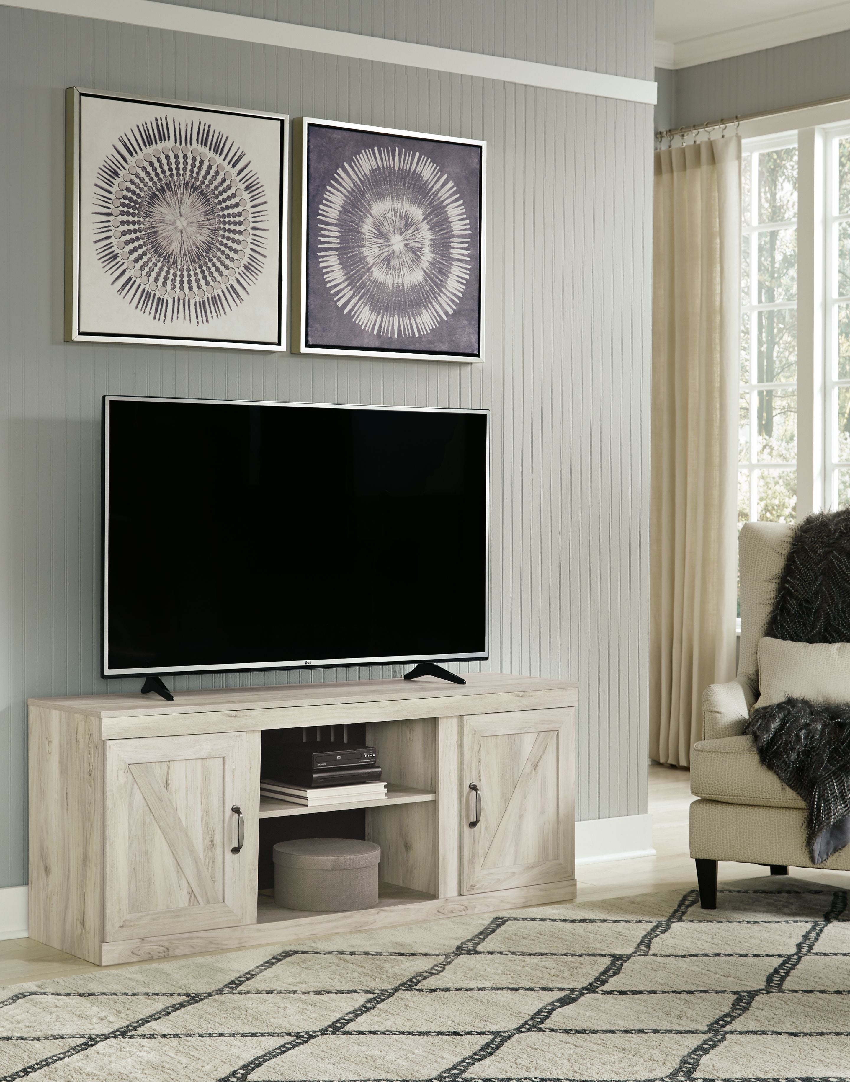 Bellaby - TV Stand With Faux Firebrick Fireplace Insert - Whitewash
